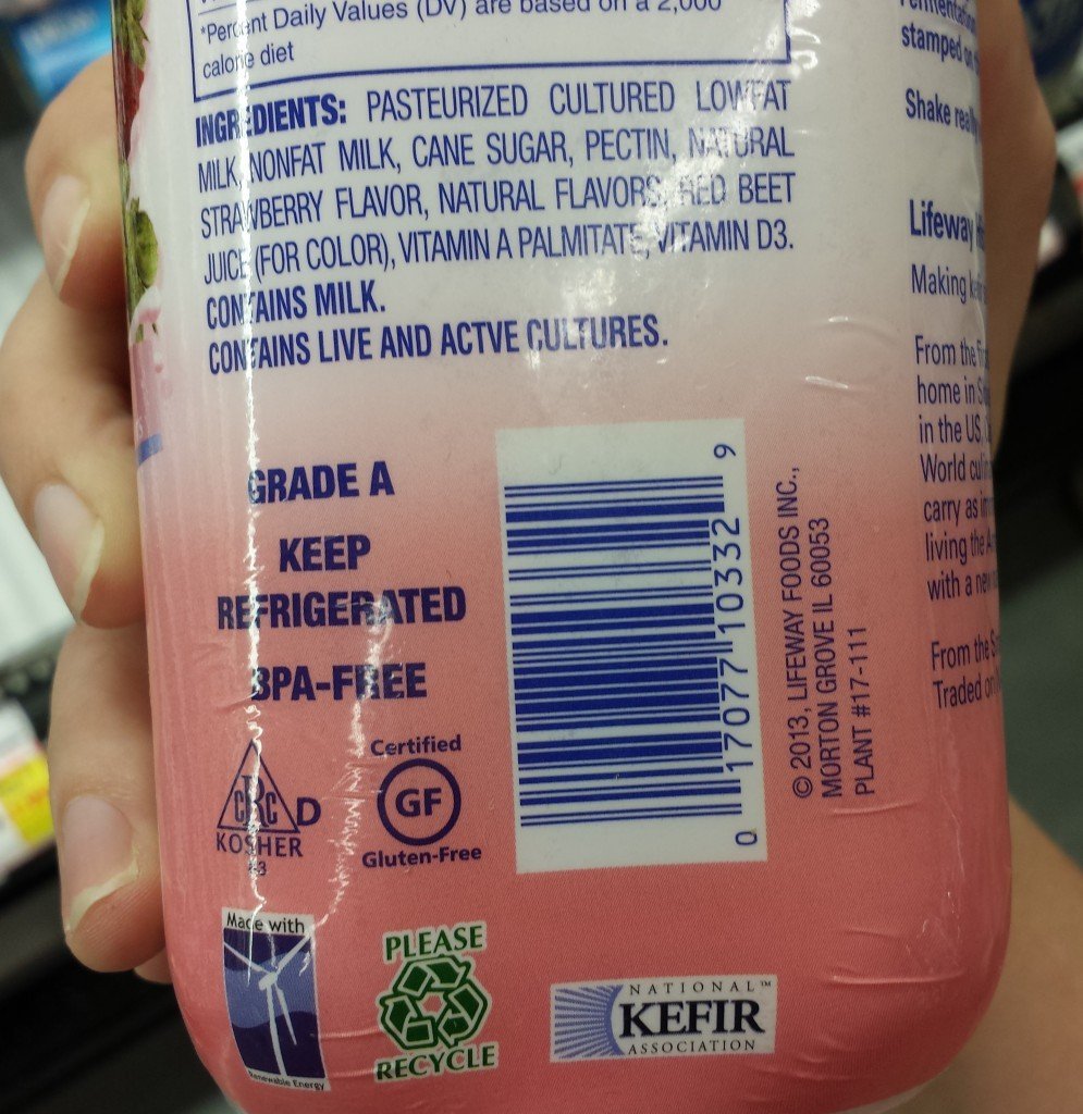 This kefir is gluten free and kosher, its made by a company that cares about the environment. You can tell this because hello the bottle is made from recycled material and there is that little windmill thing right there on the label. 