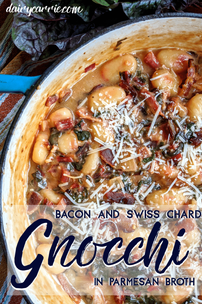 Pinterest friendly image of Gnocchi and swiss chard with bacon in parmesan broth in pan. Includes title of recipe in bottom third of photo. 